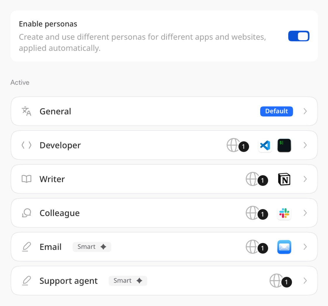 Personas in Cluinn. Each one is a writing voice, and the icons show the apps and websites it handles.