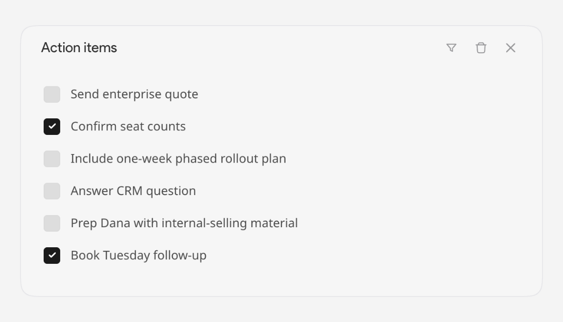 Action items from a saved call in Cluinn. Tick each one off as you do it.